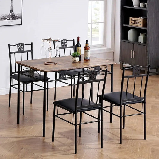 Farmhouse 5-Piece Dining Set with Wood-Top Table, 4 Cushioned Black Metal Chairs on Tampa Home & Garden Store