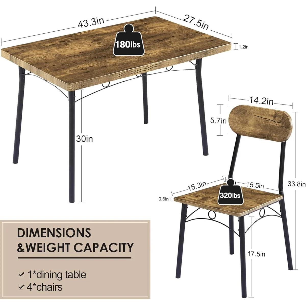 Juego de comedor moderno industrial de 5 piezas con mesa con tapa de madera y 4 sillas