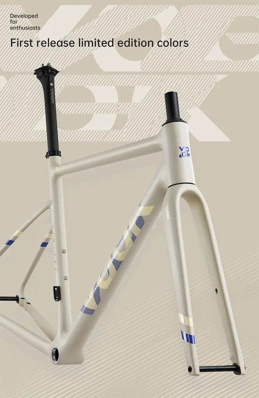 VOOK V8 carbon fiber road bike frame in cream with blue/gold decals and front fork on Tampa Home & Garden Store