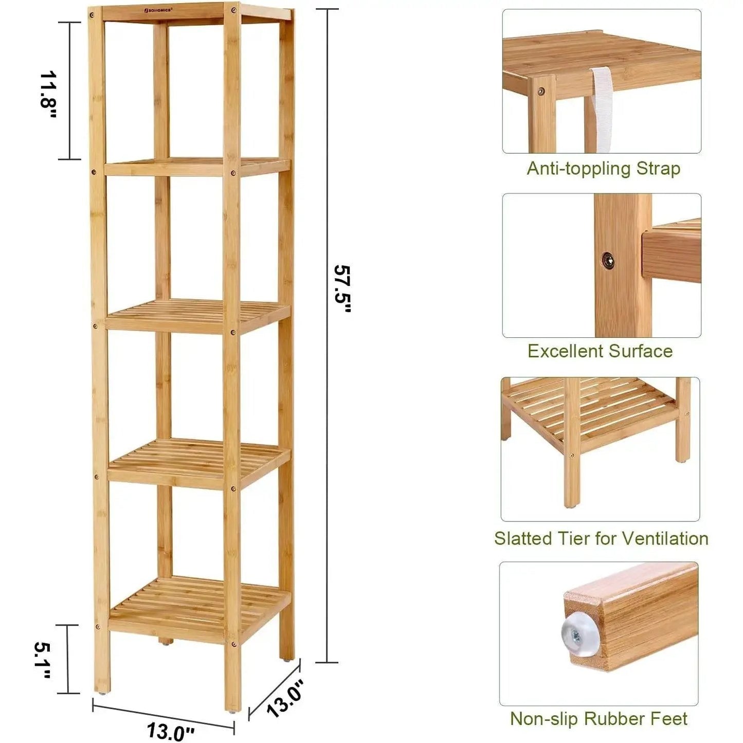 Slim 4-Shelf Bamboo Wooden Shelving Unit