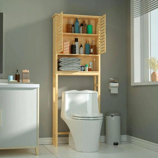 Over the Toilet Storage Cabinet Bamboo Finish frame with slatted doors and shelves on Tampa Home & Garden Store