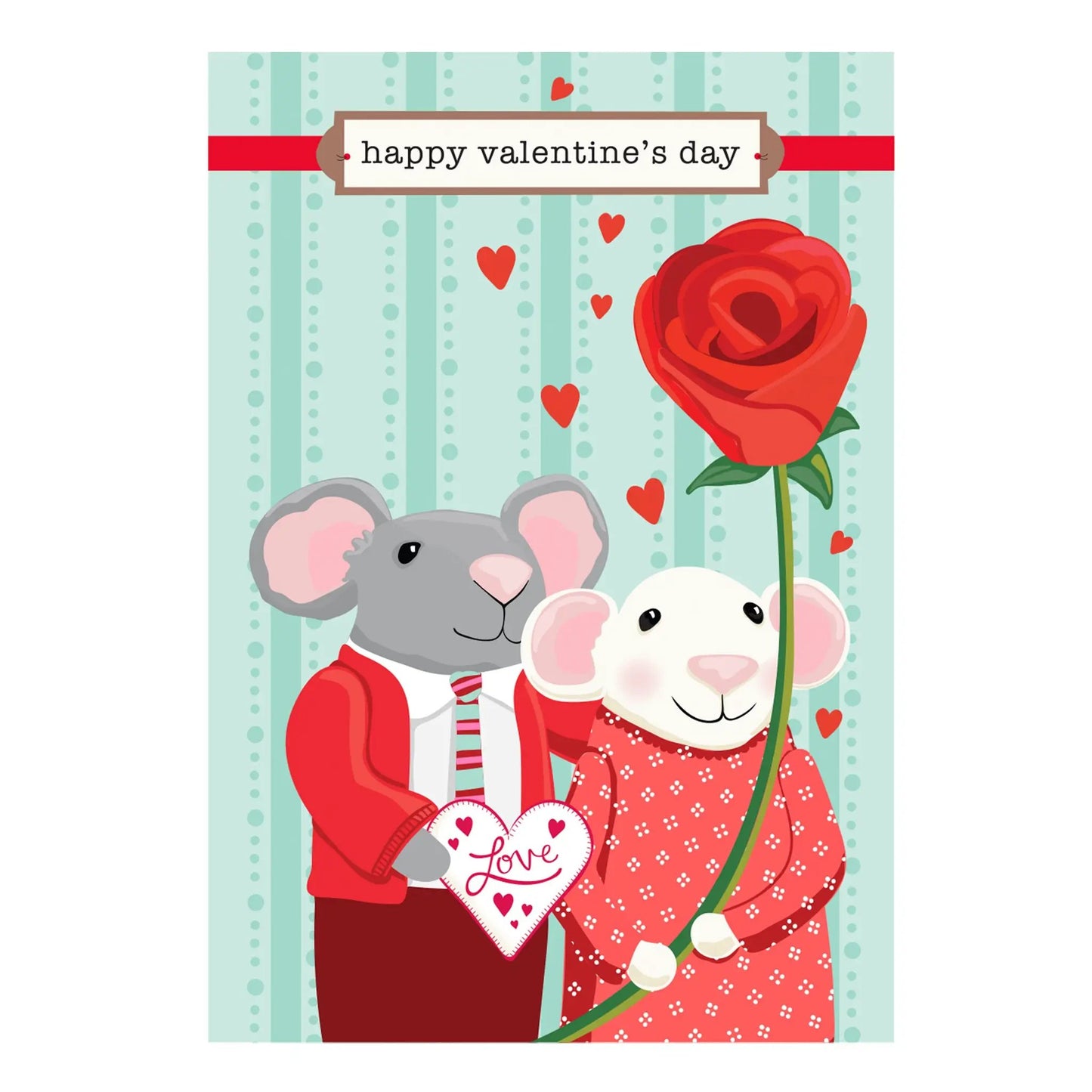 Valentine's Day Date Applique Garden Flag with gray mice and red rose on teal backdrop on Tampa Home & Garden Store