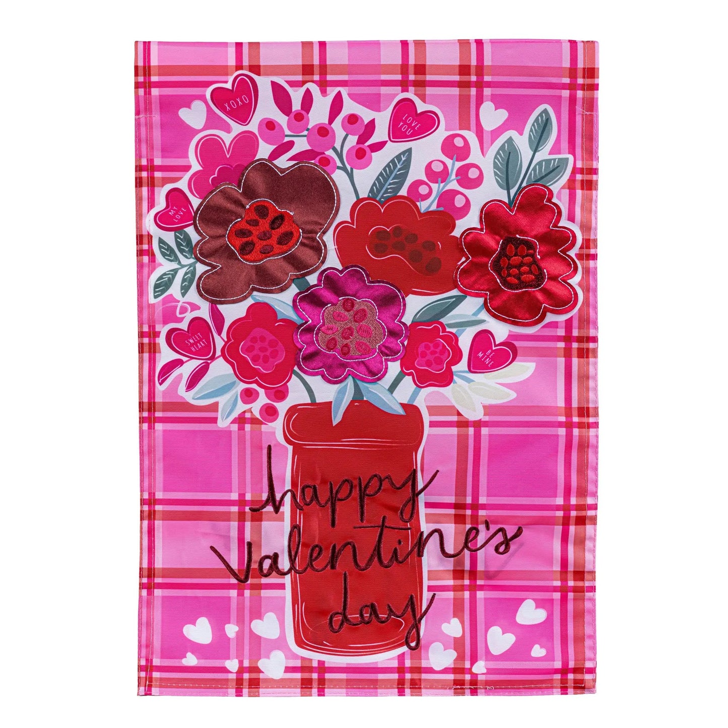 Valentine's Day plaid applique garden flag pink with red flowers Evergreen Enterprises on Tampa Home & Garden Store