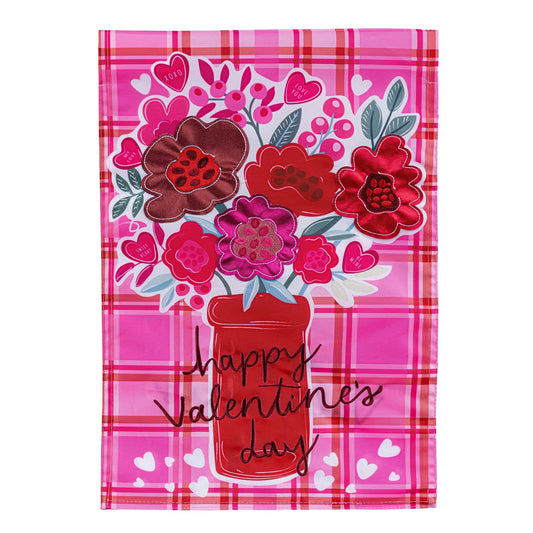 Valentine's Day plaid applique garden flag pink with red flowers Evergreen Enterprises on Tampa Home & Garden Store