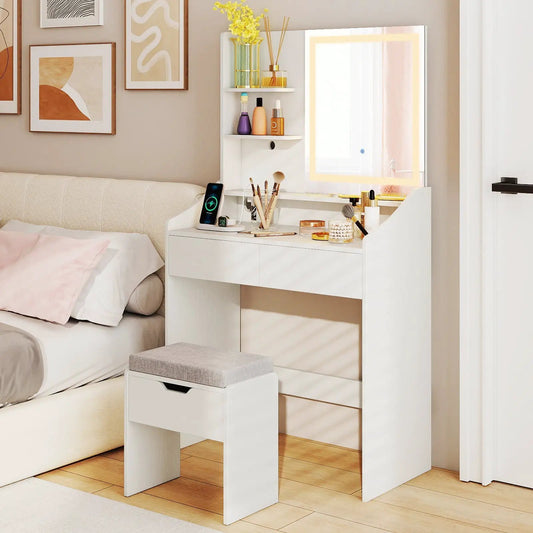 Vanity desk LED makeup table white with mirror, DirectDeals, 3 color modes and shelves on Tampa Home & Garden Store