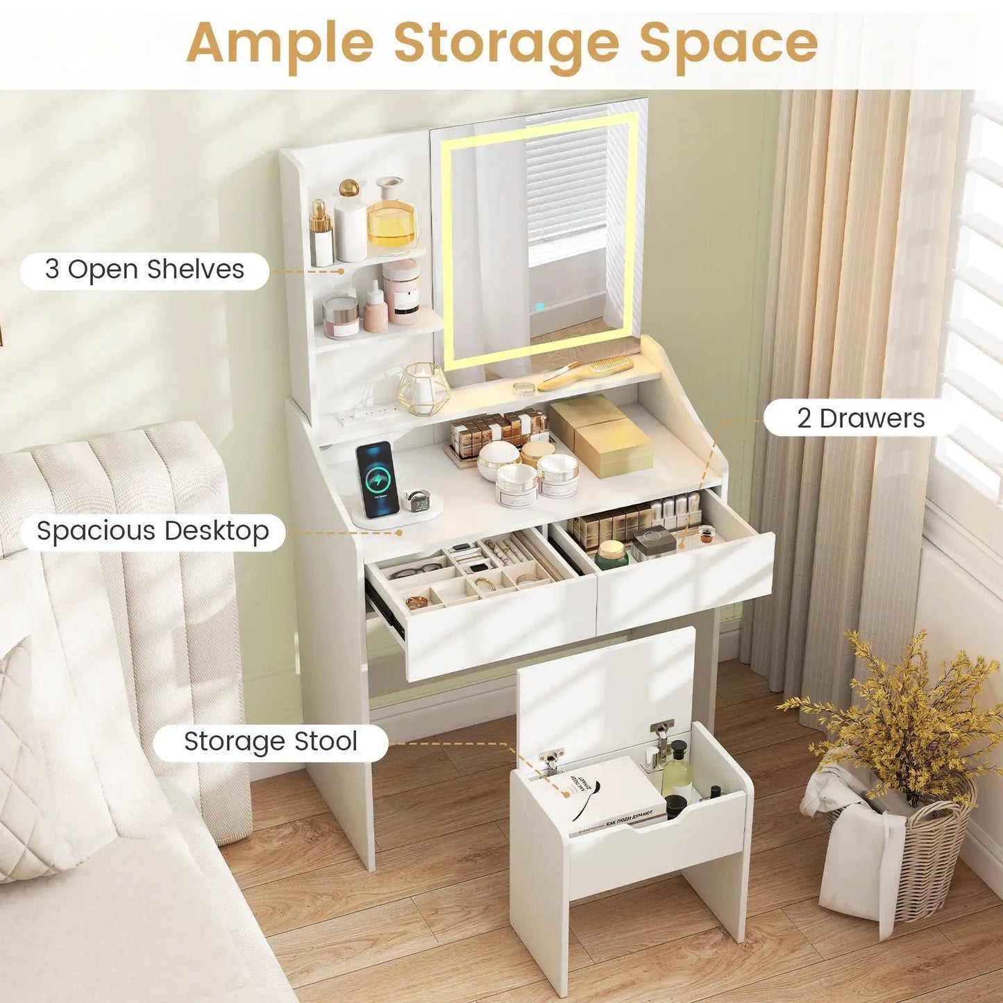 Vanity desk makeup table with LED 3-color modes, white finish, open shelves, 2 drawers on Tampa Home & Garden Store