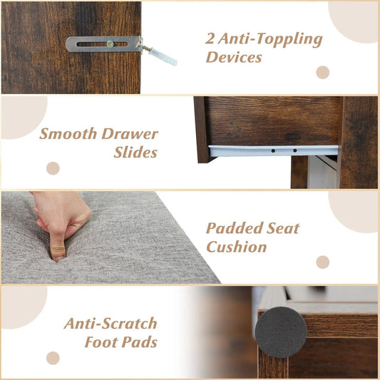 Vanity Desk Makeup Table with Three Color Lights in dark wood finish and 2 anti-toppling devices on Tampa Home & Garden Store