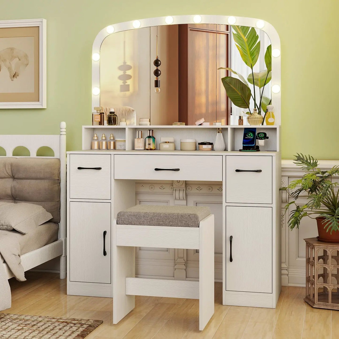 Vanity desk makeup table by DirectDeals with three-color lights, white finish, stool on Tampa Home & Garden Store