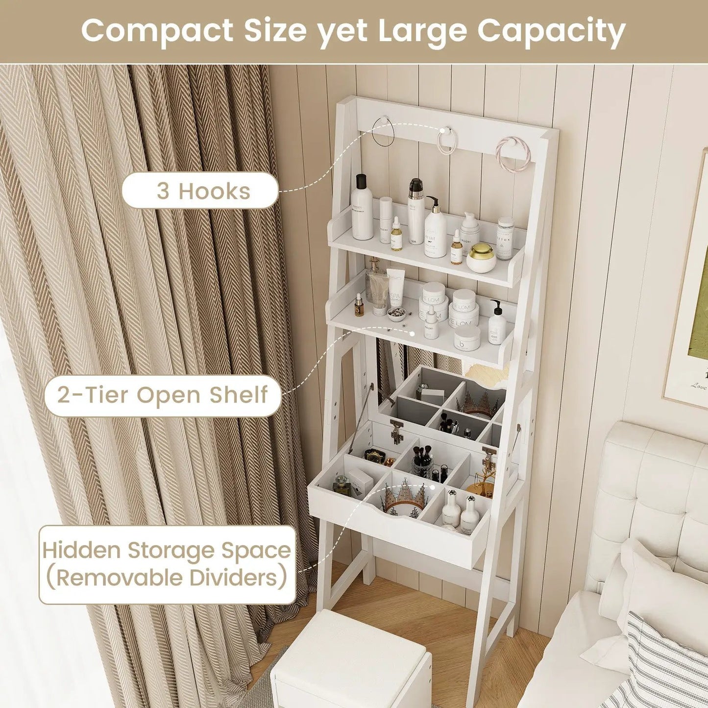 Vanity desk set with flip-top mirror in white, 2-tier open shelf and removable dividers on Tampa Home & Garden Store