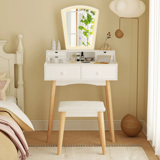 Vanity desk set with 3-color LED mirror, white finish and natural wood legs plus stool on Tampa Home & Garden Store