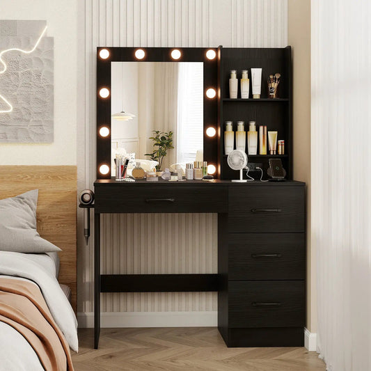 Vanity desk by DirectDeals with 3-color LED lights, outlets, black wood finish, mirror on Tampa Home & Garden Store