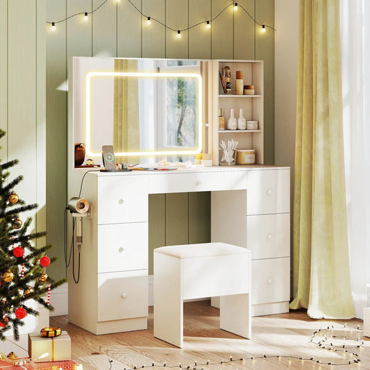 Vanity desk with mirror and LED lights, white finish with side shelves, stool on Tampa Home & Garden Store