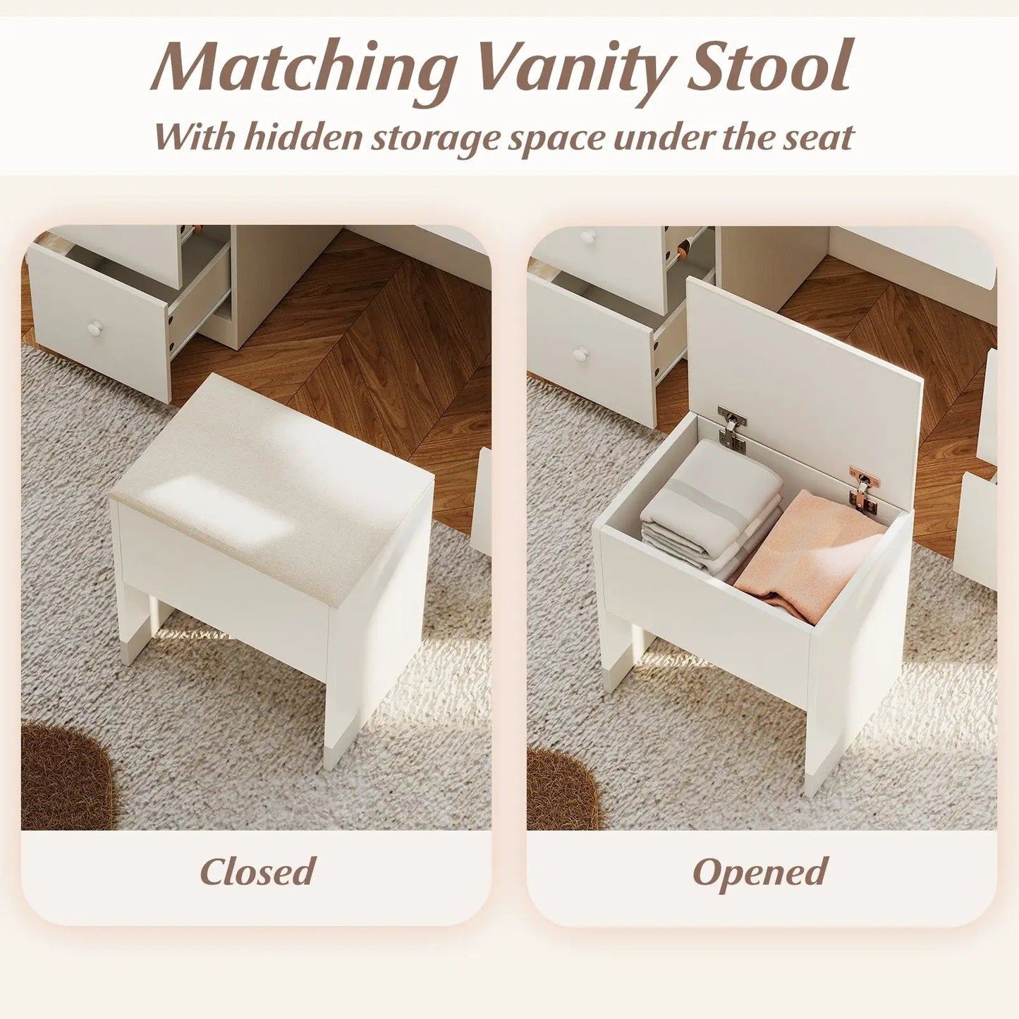 White vanity desk with two drawers and matching stool, hidden under-seat storage on Tampa Home & Garden Store
