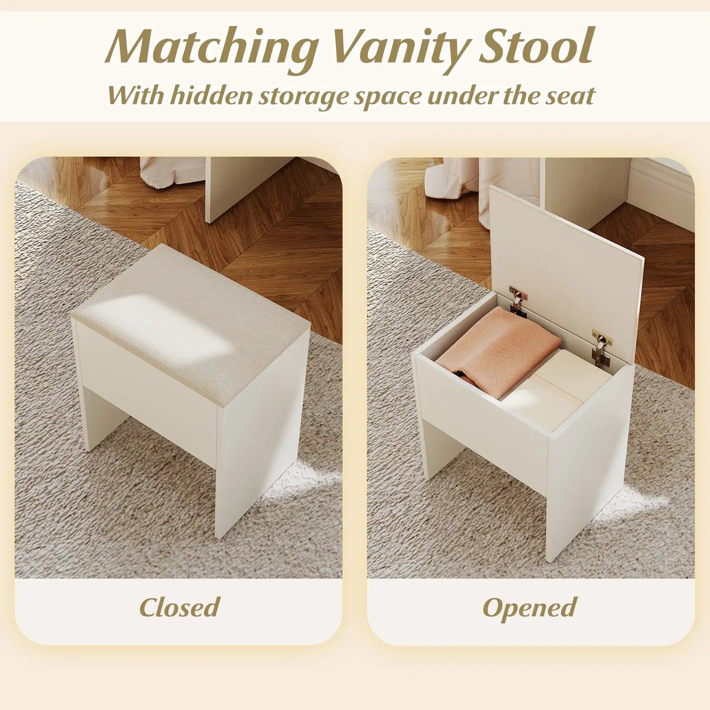Vanity desk with mirror and lights, white finish; stool with hidden under-seat storage on Tampa Home & Garden Store