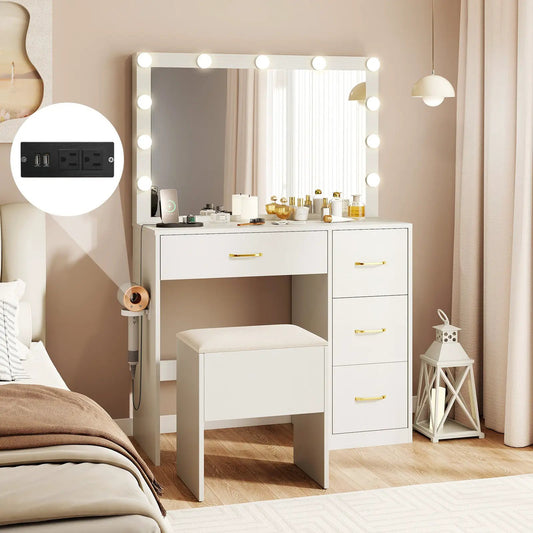 Vanity desk with lighted mirror, white finish, USB outlets and gold handles by DirectDeals on Tampa Home & Garden Store