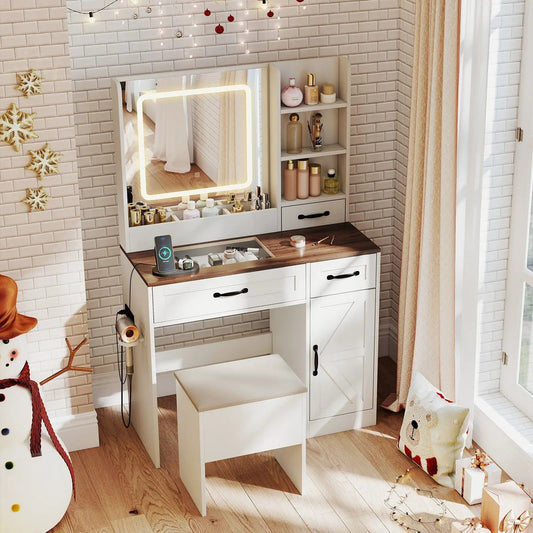 Vanity desk with lighted mirror, white finish and wood top with shelves on Tampa Home & Garden Store