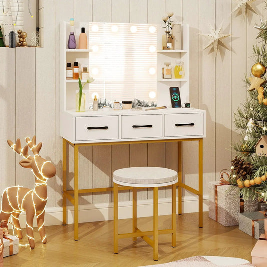 Vanity desk with mirror and lights, white finish, three drawers, cushioned stool on Tampa Home & Garden Store