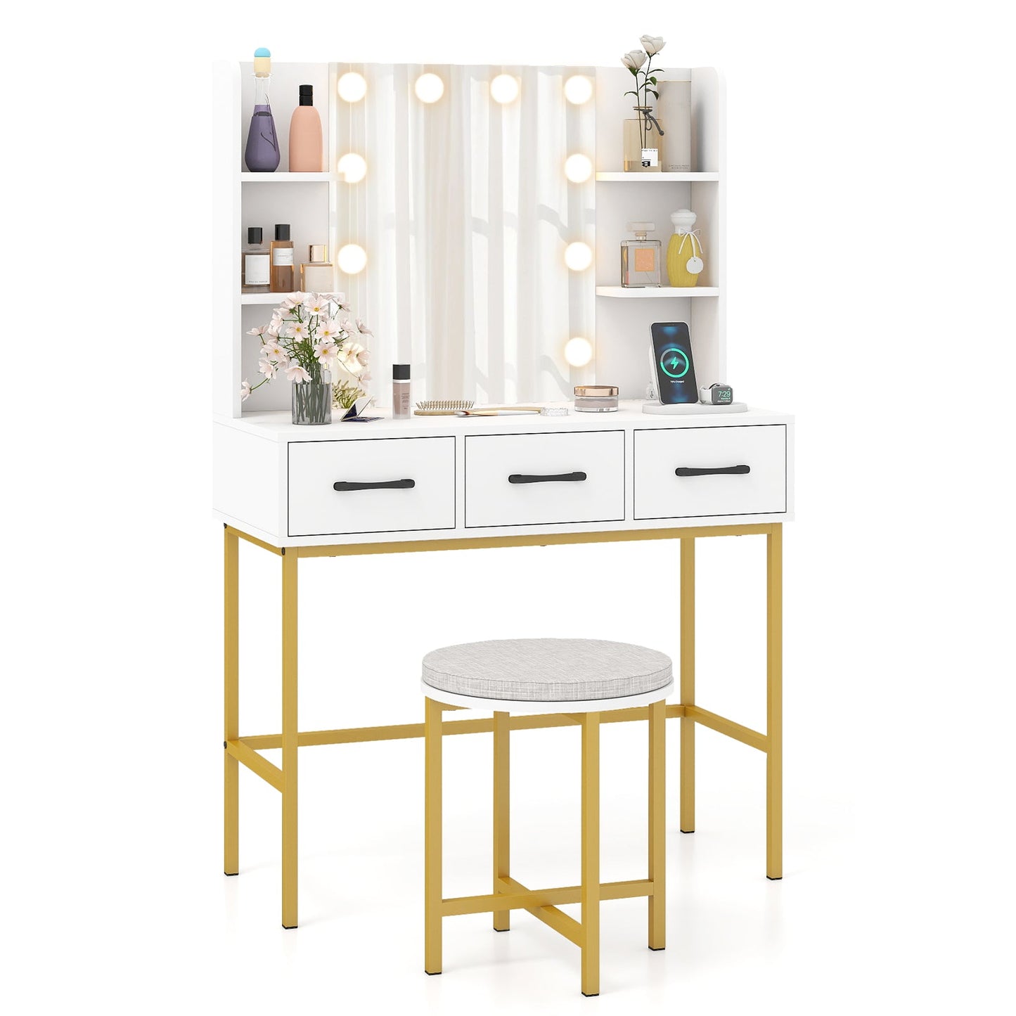 Vanity desk with mirror and lights in white, DirectDeals 3-drawer dresser and cushioned stool on Tampa Home & Garden Store