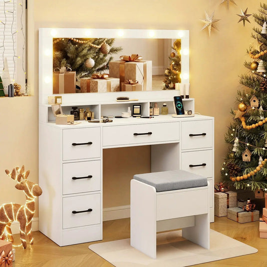 White vanity desk with lit mirror and built-in power outlets, includes a cushioned stool on Tampa Home & Garden Store