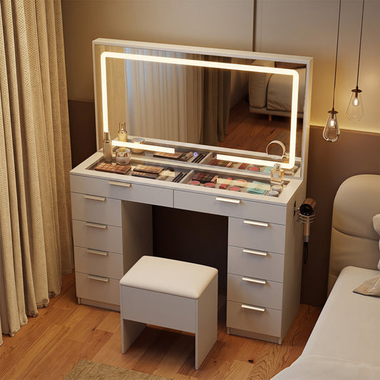DirectDeals vanity desk with illuminated rectangular LED mirror, white finish, makeup tray on Tampa Home & Garden Store