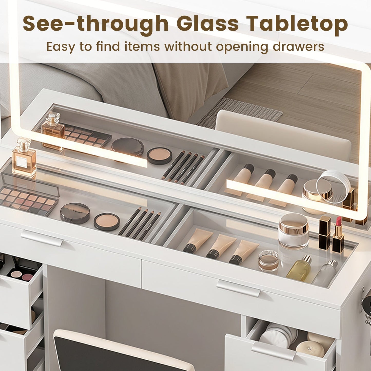 Vanity desk with lighted mirror and charging station, white glossy finish, see-through glass tabletop on Tampa Home & Garden Store