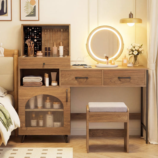 Vanity desk oak wood finish with round LED light mirror and jewelry storage DirectDeals on Tampa Home & Garden Store