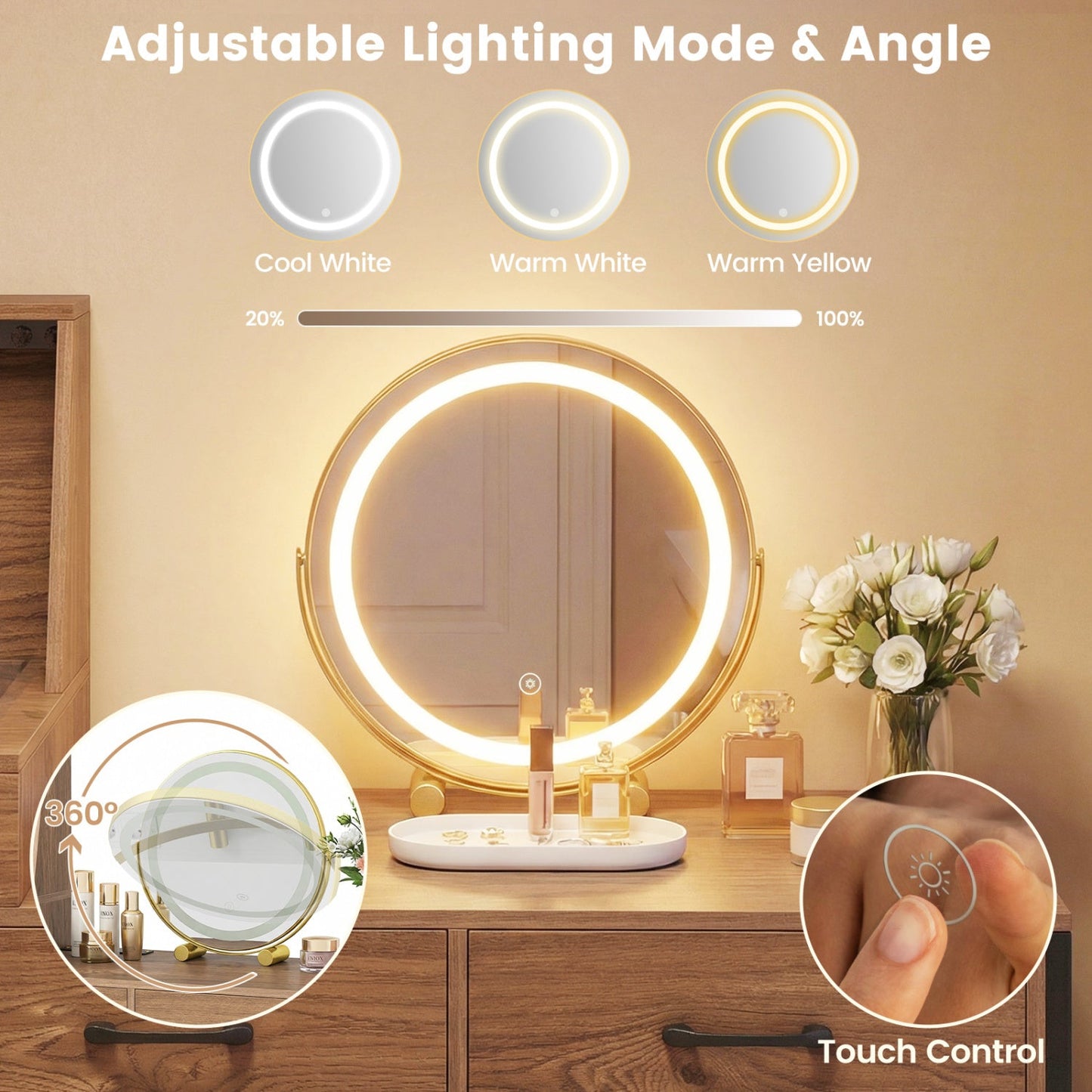 Vanity Desk with Lighted Ring Mirror and Jewelry Storage by DirectDeals, LED ring light on Tampa Home & Garden Store