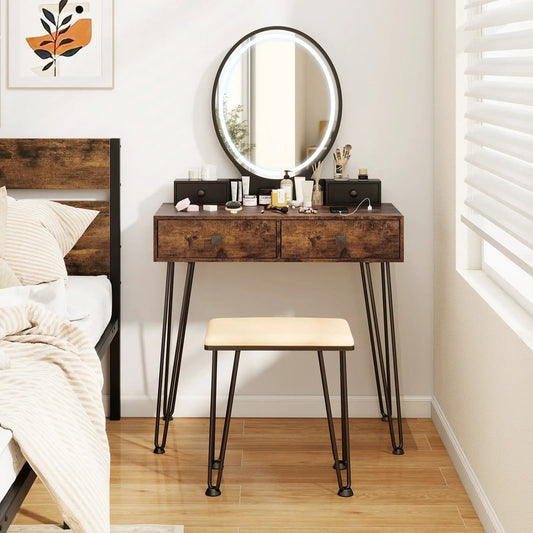 Vanity table set with round 3-color LED-lit mirror, two-drawer brown wood desk and stool on Tampa Home & Garden Store