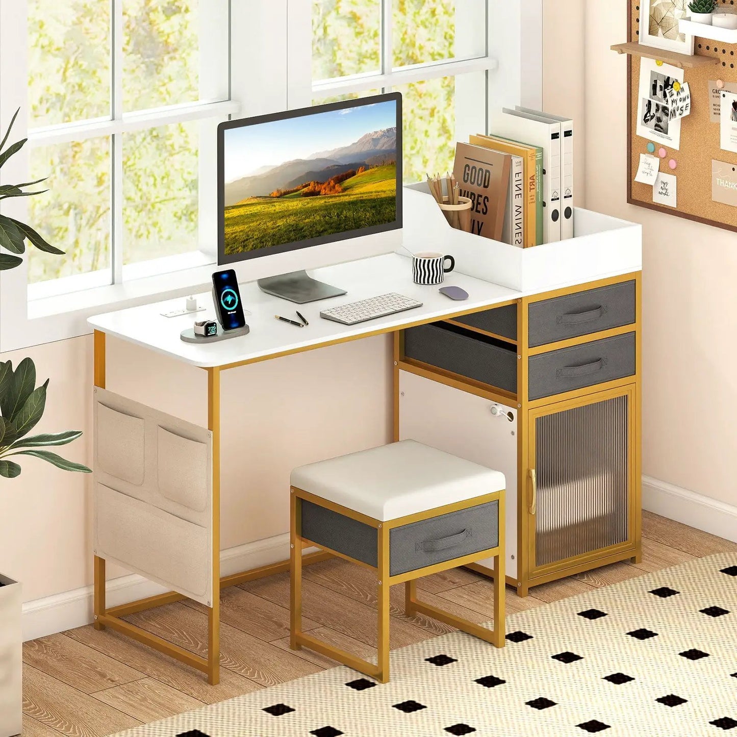 Vanity Desk with Rotatable Mirror, white top, gold frame, gray drawers on Tampa Home & Garden Store