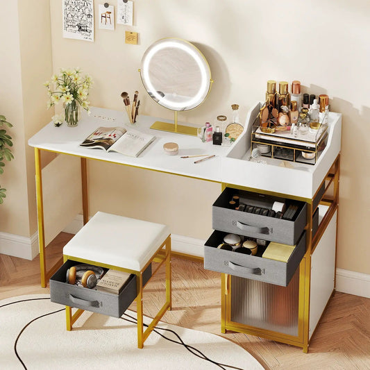 Vanity desk 55-inch with rotating lighted mirror, gold legs, makeup organizer and stool on Tampa Home & Garden Store