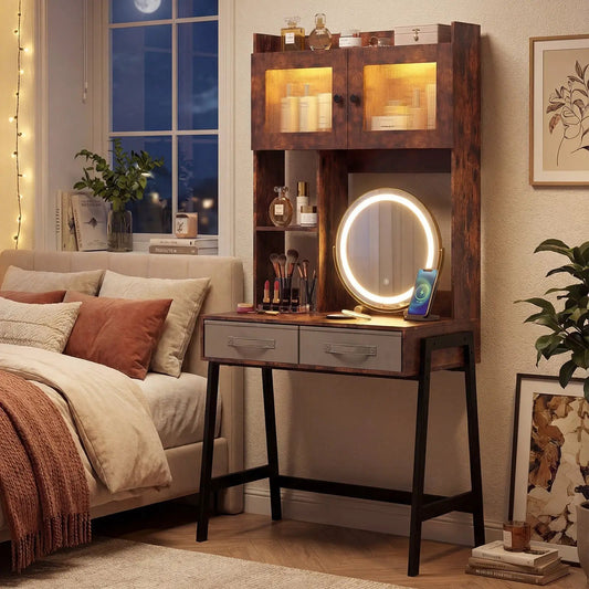 Vanity desk with rotatable round LED-ring mirror in dark brown wood and a glass-front cabinet on Tampa Home & Garden Store