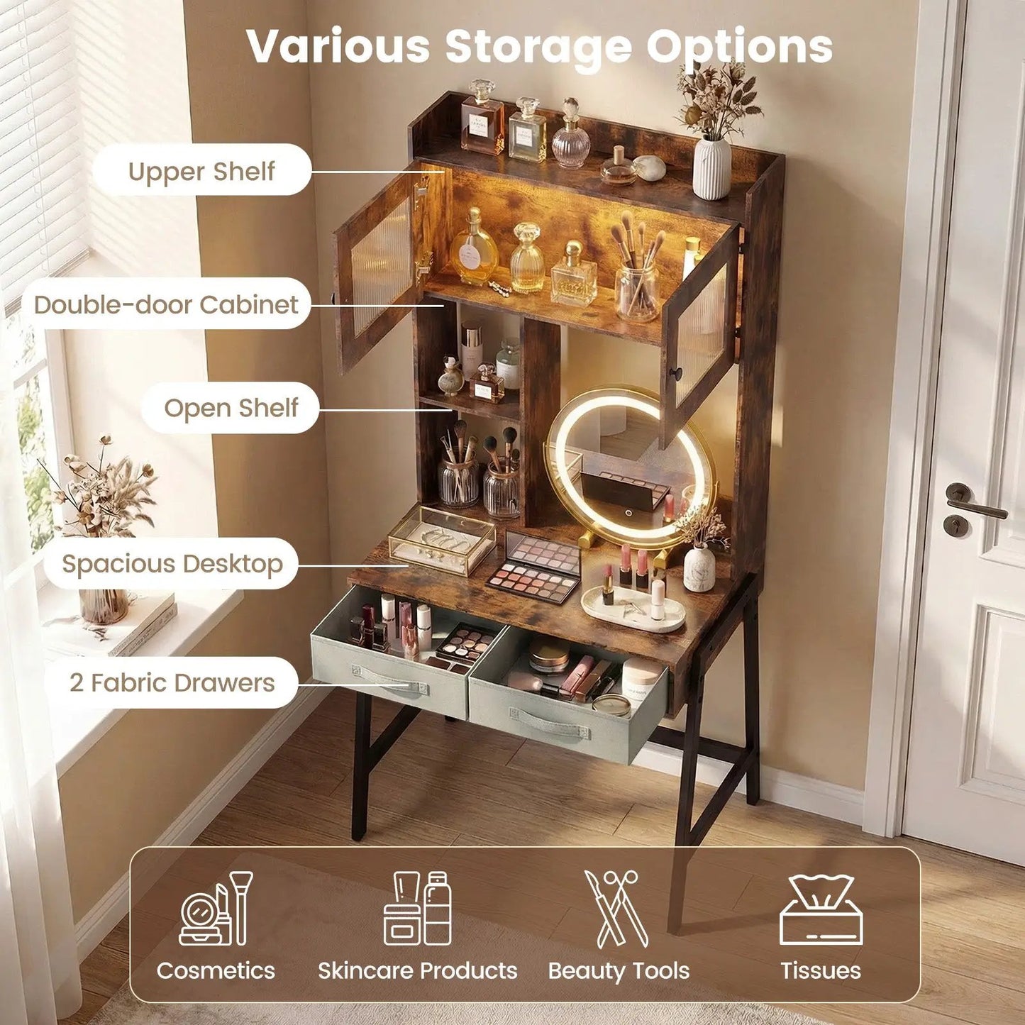 Vanity desk with rotatable mirror and built-in lights in brown wood on Tampa Home & Garden Store