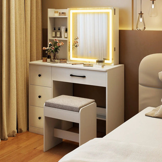 Vanity desk with sliding LED mirror lights, white wood finish, 4-drawer storage on Tampa Home & Garden Store