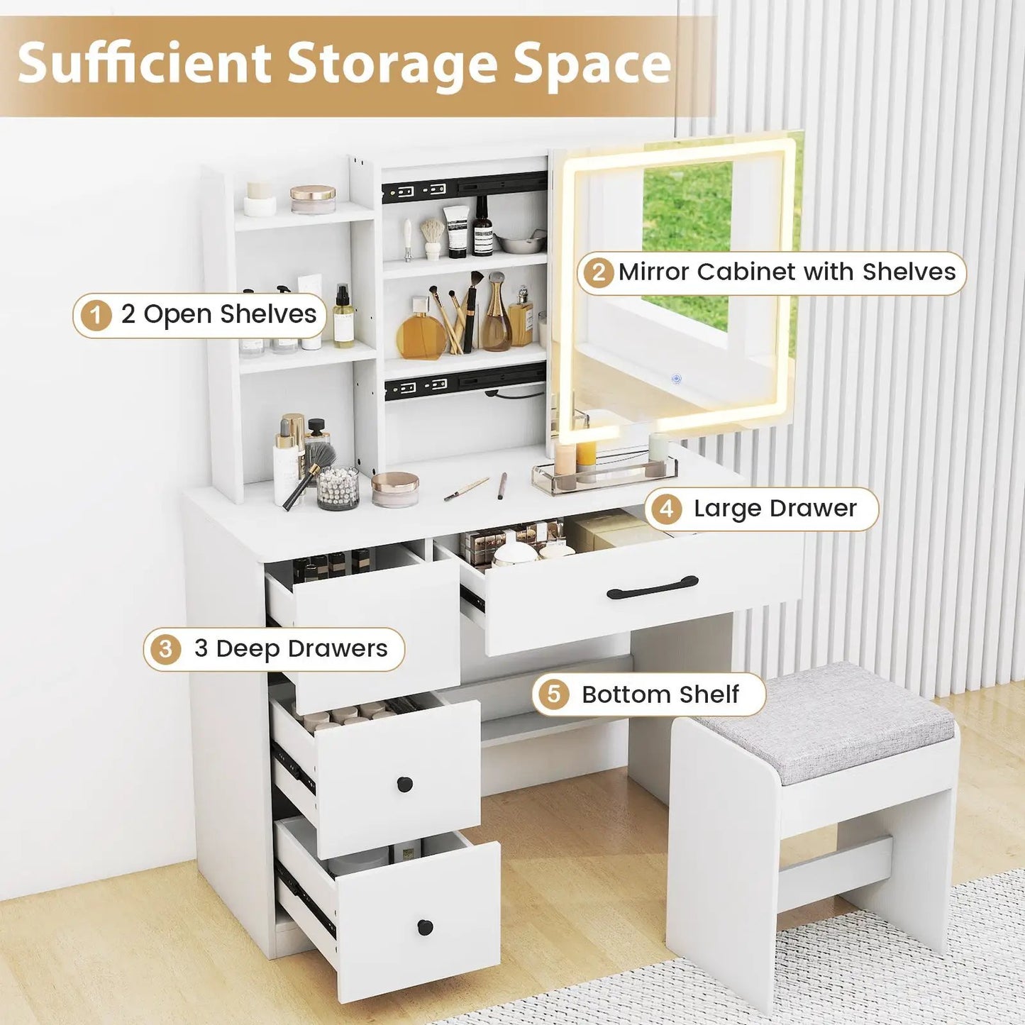 White vanity desk with sliding lighted mirror, 4 drawers and open shelves on Tampa Home & Garden Store