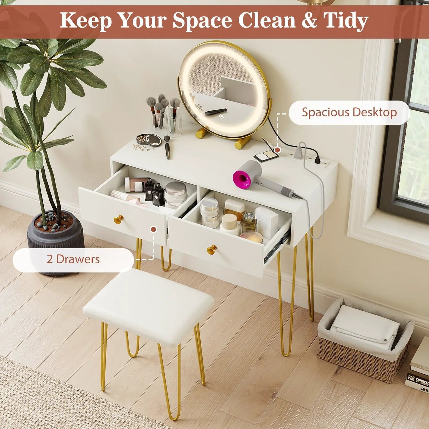 Vanity desk with lighted adjustable mirror, white finish, gold legs, 2 drawers DirectDeals on Tampa Home & Garden Store