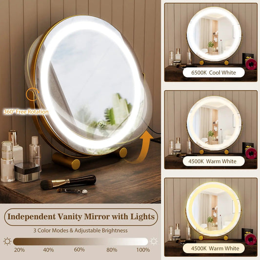 Vanity desk with lighted circular mirror in gold frame, 360° rotation, Warm White mode on Tampa Home & Garden Store