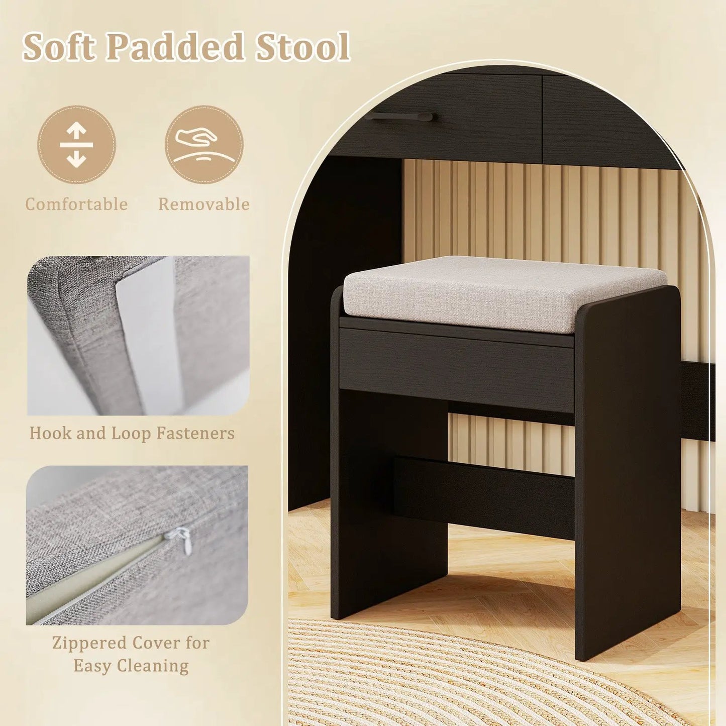 Vanity Set with Lighted Mirror and Stool with Power Outlet-Black - Tampa Home & Garden Store