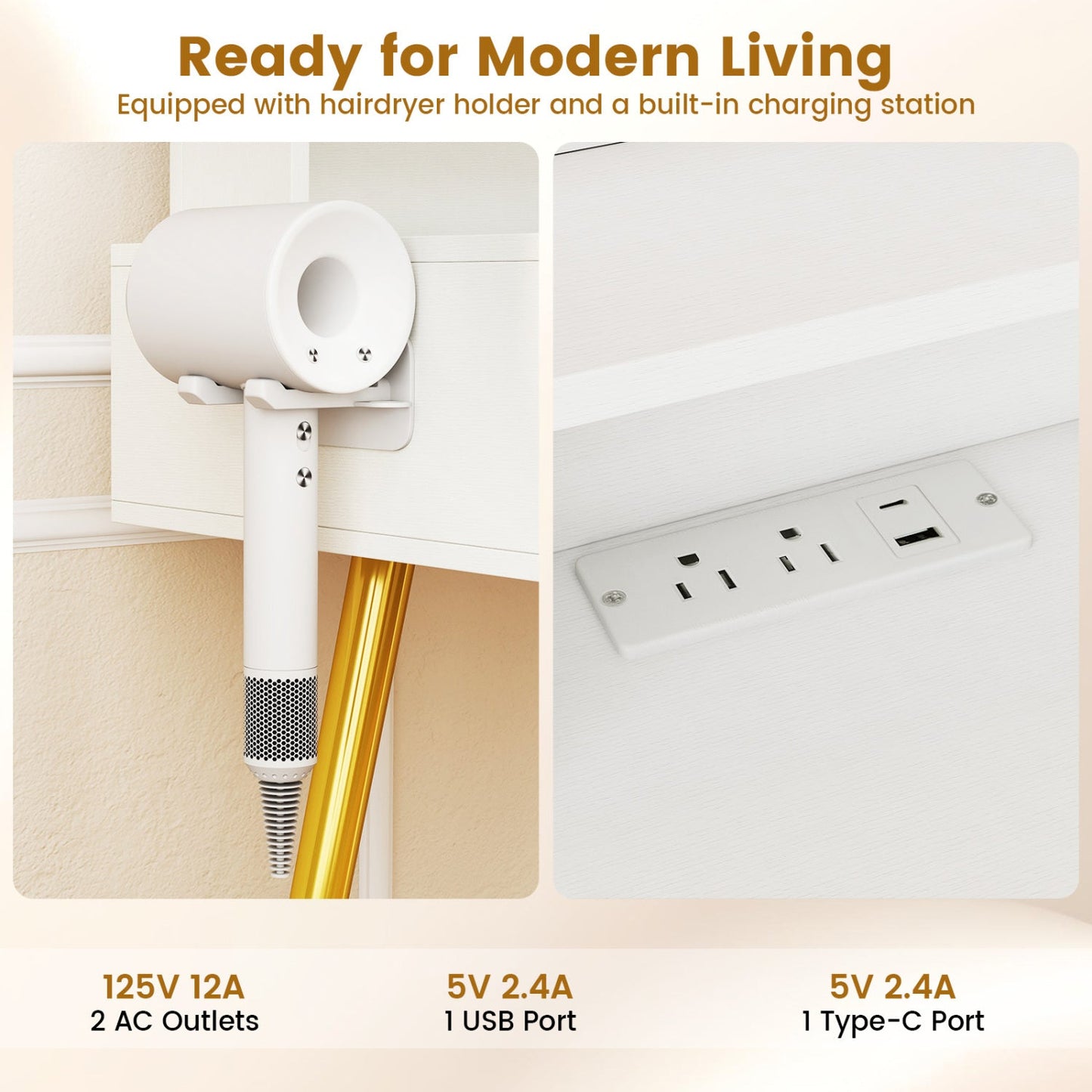 White vanity table with mounted hair dryer holder and built-in outlets on Tampa Home & Garden Store