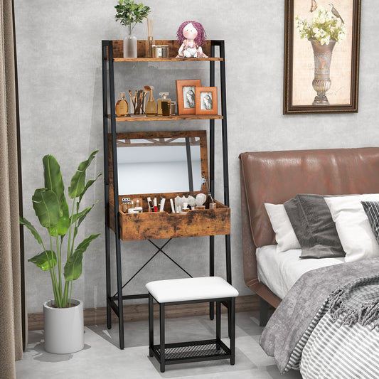 Tocador con espejo elevable y taburete acolchado - Negro