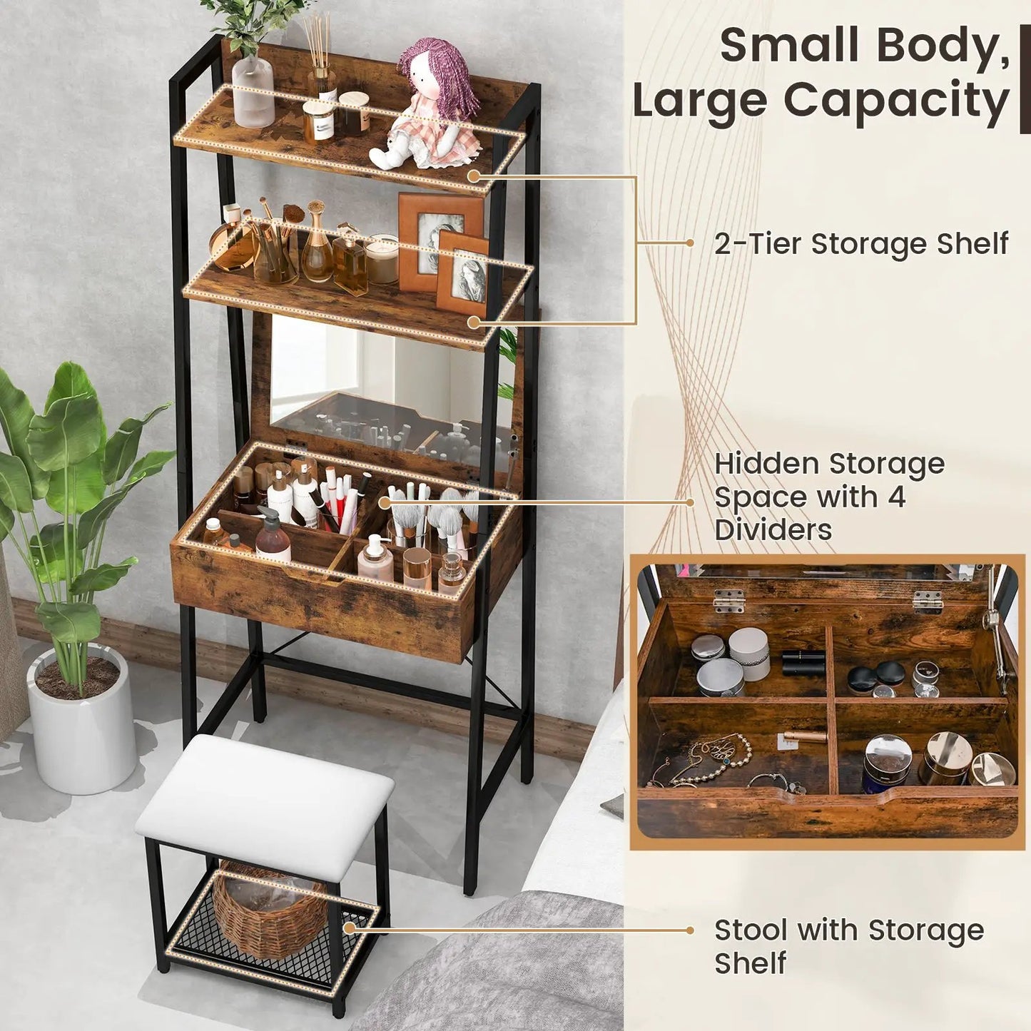 Ladder vanity desk set with flip mirror, shelves, black metal frame, cushioned white stool, storage on Tampa Home & Garden Store