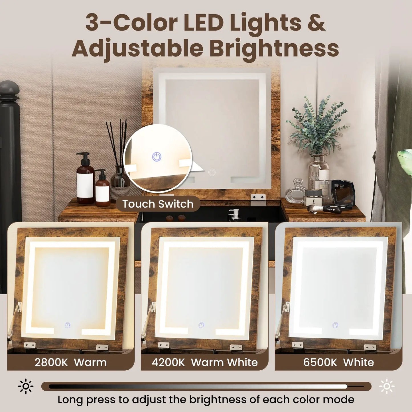 Vanity Table Set with Flip Top Mirror Lights USB Writing Desk and Stool-Brown - Tampa Home & Garden Store
