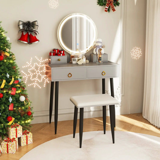 Vanity table set with gray finish, round LED-backlit mirror and storage drawers on Tampa Home & Garden Store