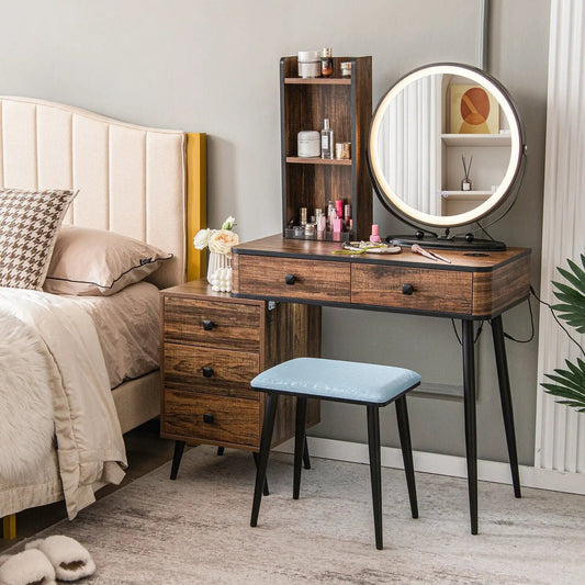 Vanity table set with 3-color lighted mirror, rustic brown wood desk and cushioned stool on Tampa Home & Garden Store