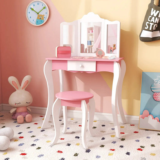Kids wooden vanity table and stool set in pink and white with a three-panel mirror DirectDeals on Tampa Home & Garden Store