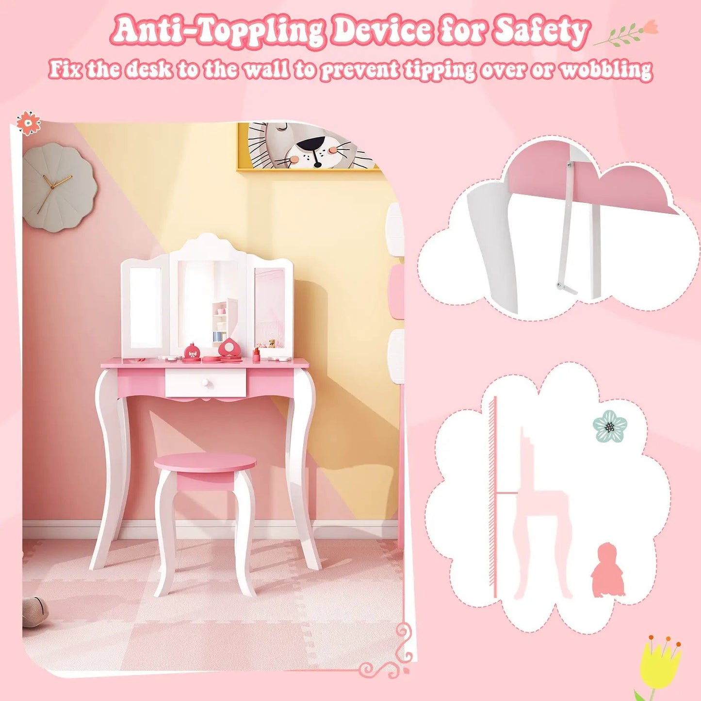Kids wooden vanity table and stool set in pink and white with 3-panel mirror DirectDeals on Tampa Home & Garden Store