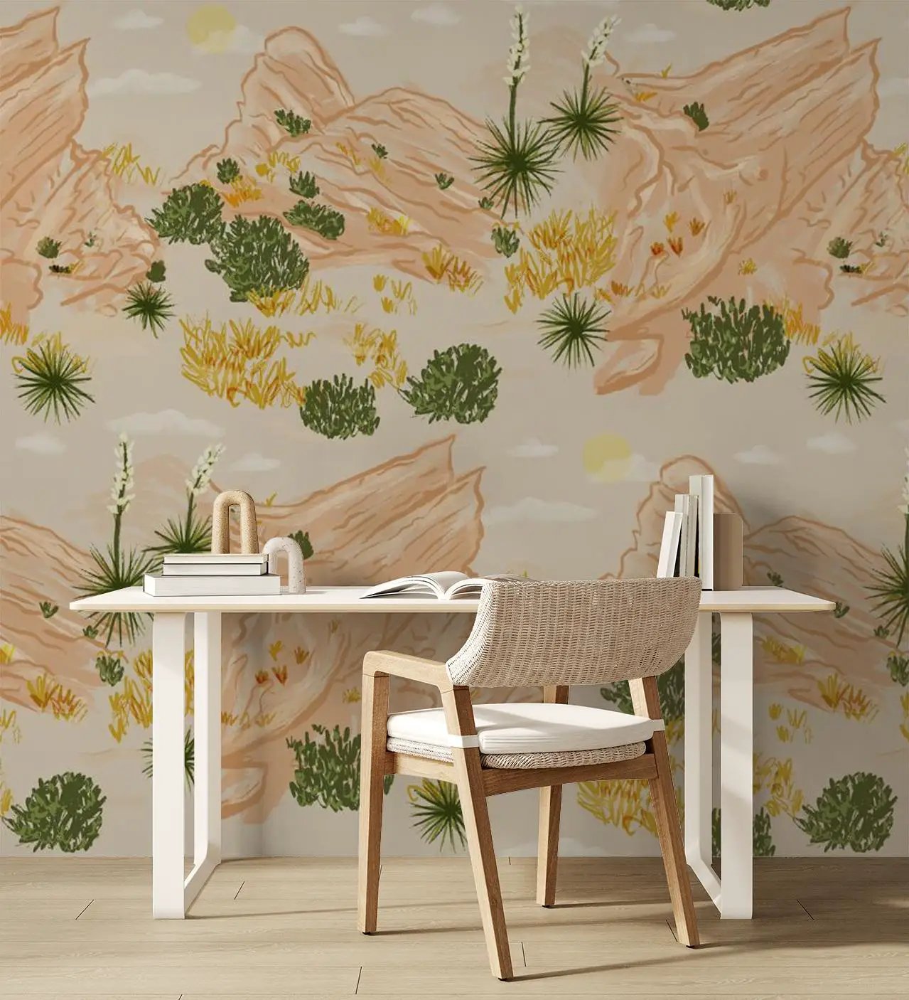 Vasquez Wallpaper tan peach desert with mountains and green cacti by Samantha Santana Creative on Tampa Home & Garden Store