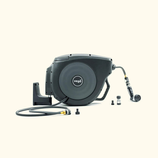 Vego retractable hose reel set in dark gray with hose and brass fittings on Tampa Home & Garden Store