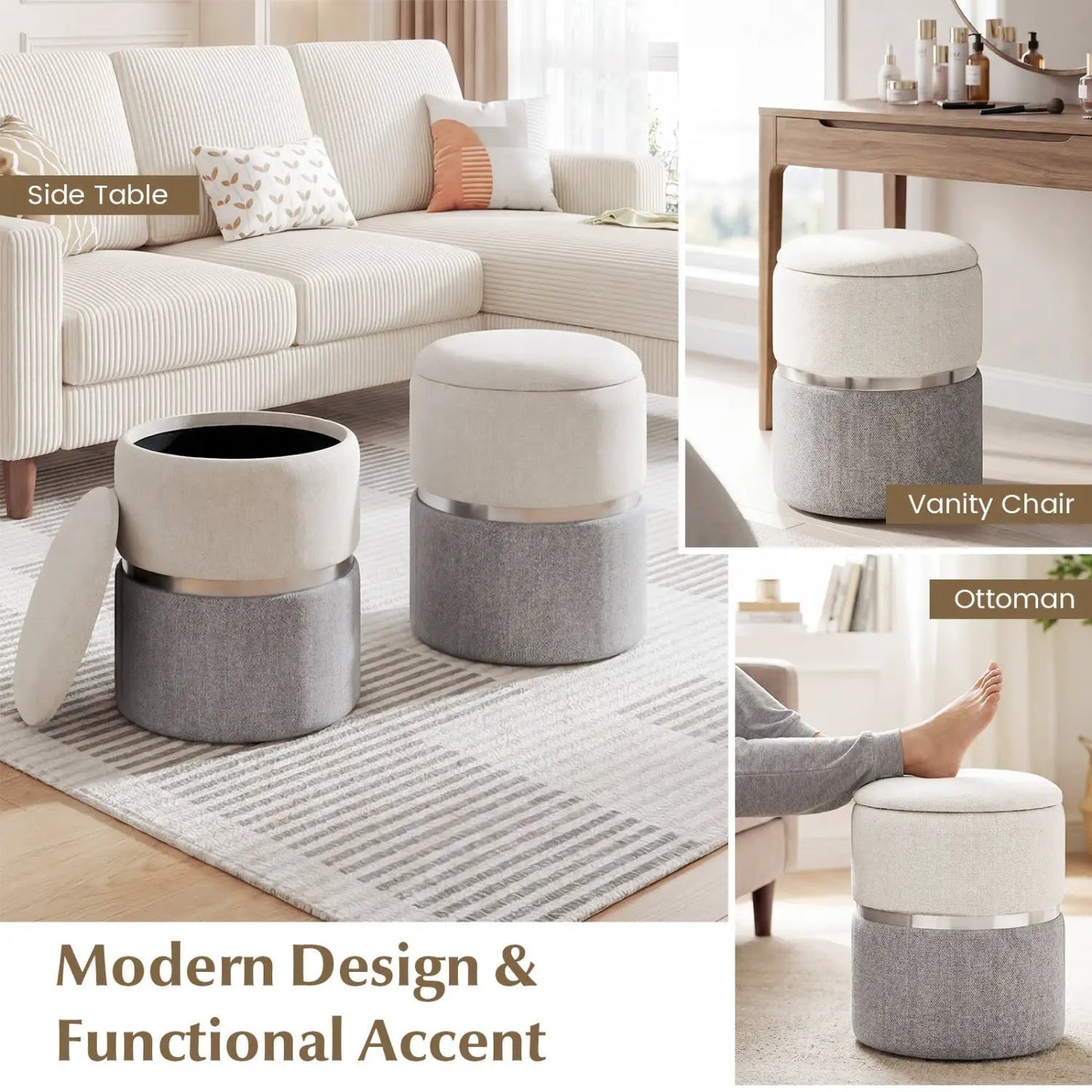 Velvet Linen Storage Ottoman Set of 2, beige and gray cylindrical ottomans with a metallic band on Tampa Home & Garden Store