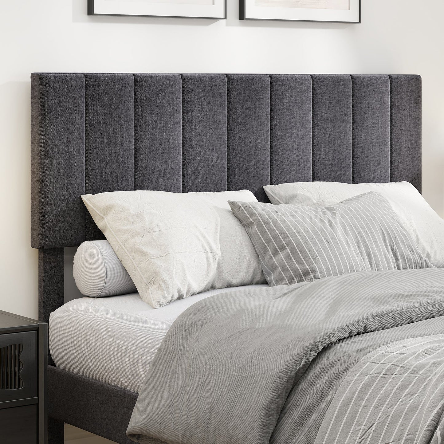 Velvet platform bed with adjustable vertical channel headboard in dark gray fabric on Tampa Home & Garden Store