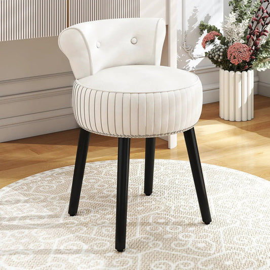 White velvet vanity chair with tufted back and round upholstered seat, black tapered legs on Tampa Home & Garden Store